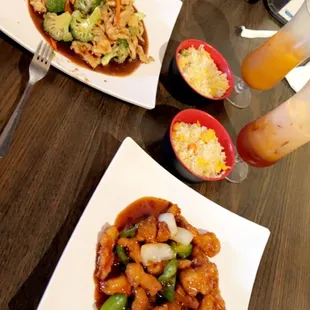 three plates of food on a table