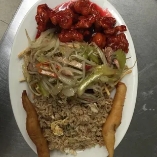 Dinner plate #3 with crispy noodle.  Pork&amp;vegetable served on top of crispy noodles.