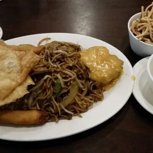 #1 dinner combo. Comes with egg drop soup, fried wonton, fried shrimp, egg roll, chow mein, fried rice, egg foo yung
