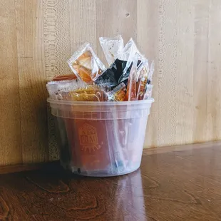 a plastic container filled with snacks