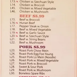 the menu for the lunch specials