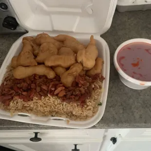Sweet and sour chicken with pork fried rice