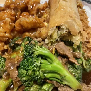 Lunch Special #3: Orange Chicken, Beef Broccoli, Fried Rice. Side of Combination Egg Roll.