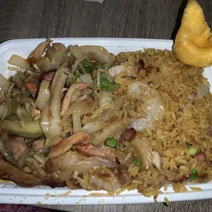 Pork chow main and crab Rangoon