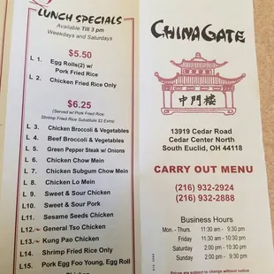 Lunch specials, contact info, and hours June 2016