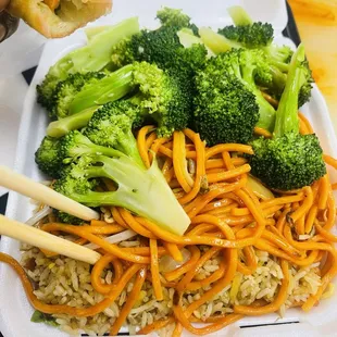 Fried rice, chow mein and stir fried vegetables.
