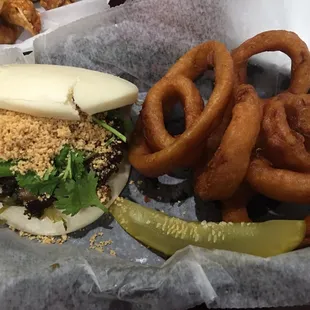Pork belly bao with onion rings