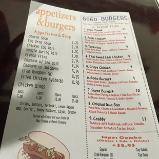 Appetizers and Burgers too!  Beef, tuna, crab, chicken and tofu!