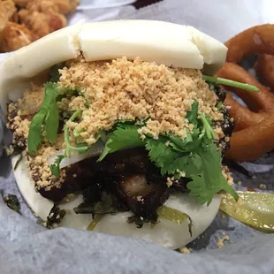 Close up of pork belly bao