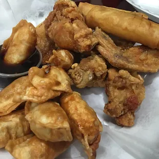 6pc chicken wings, fried chicken gyoza, and veggie egg rolls