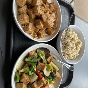 Sesame Tofu, brown rice, and Tofu and Vegetables