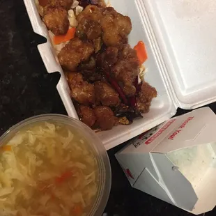 Orange chicken, rice, and egg drop soup.