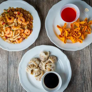 Try our Jumbo shrimp fried rice, Pork potstickers and crab rangoon