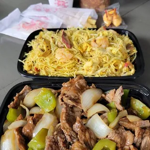 Pepper Steak and Singapore Chow Mei Fun