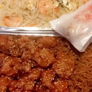 Shrimp rice noodles and sesame chicken combo.