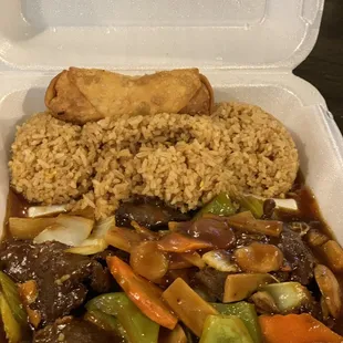 Beef with garlic sauce and fried rice and egg roll