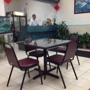 a table and chairs in a restaurant