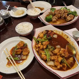 Lobster Szechwan Style (extra spicy, foreground) &amp; Sesame Chicken (background)