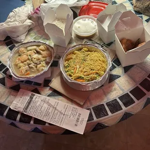 Shrimp in Shrimp with Lobster Sauce, Singapore noodles, egg foo yong