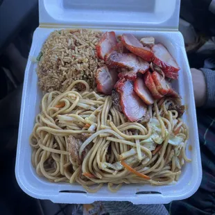 #14 combination of Pork fried rice, Beef chow mein, and sliced Bar-B-Q Pork