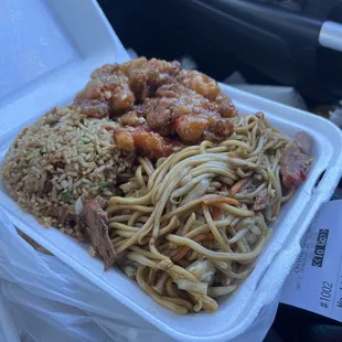 #18 combination of Pork fried rice, Pork chow mein, and Garlic Chicken