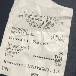 Receipt of paying at 5:01 pm having phoned in at 430 pm and getting my order at 5:20 pm.  This is the last money she will see from me
