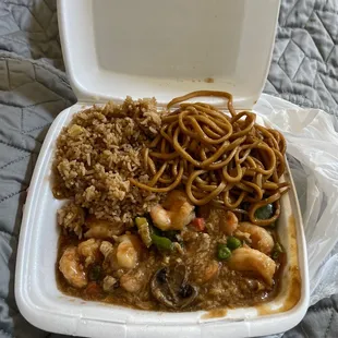 Prawns with Lobster Sauce, chicken fried rice and chow mein. No chicken in either