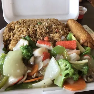 Shrimp fried rice, and seafood which includes: imitation crab, real crab, calamari and shrimp.