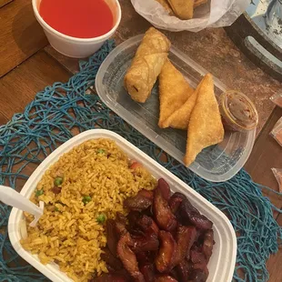Boneless Spare Ribs, eggroll, and crab rangoon