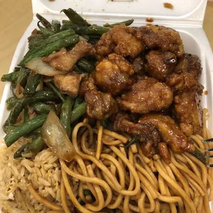 Half and half.. with string bean chicken and orange chicken