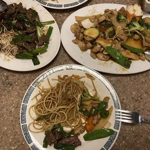 Mongolian beef, chicken &amp; broccoli and lo mein, yum.