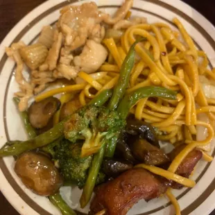 Teriyaki chicken on a stick Beef broccoli with mushrooms Pan fried noodles  Kung pao chicken