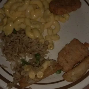 Kids buffet plate: macaroni and cheese, chicken nuggets, chicken fried rice, fries.