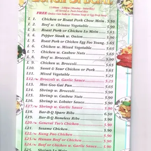 a menu for lunch special