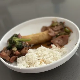 Mongolian Beef and Bourbon Chicken Combo with Spring Rolls