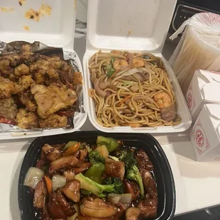 Salt and Pepper Pork Chop,Combo Chow mein, Bourbon chicken and Corn Egg Flower Soup