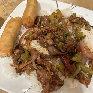 Mongolian Beef Side of Steamed Rice 2 Vegetable Egg Rolls