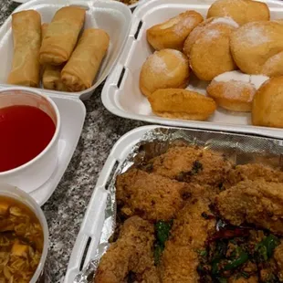Orange beef, sweet-and-sour chicken, Eggrolls and Chinese donuts, delicious Salt and pepper chicken wings