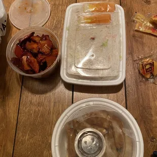 Simple dinner for two. Noodles, dumplings, bbq pork.