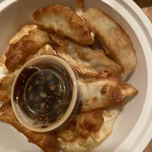 Dumplings, crisp and lovely. Dipping sauce, meh.