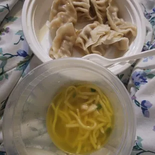 A large chicken noodle soup(it&apos;s HUGE!), steamed dumplings