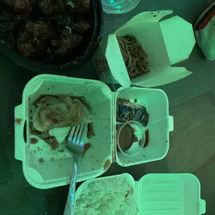 a table full of food and drinks