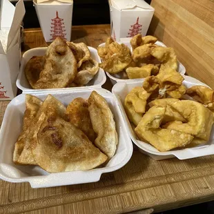 10. Crispy Pan Fried Pork Dumplings on the left, and Crab And 13. Crab Meat Rangoon on the right