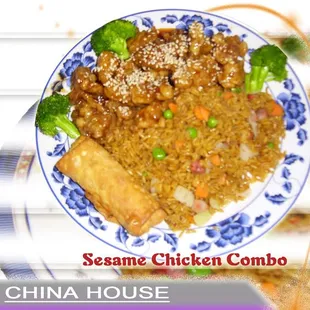 sesame chicken combo with rice and broccoli