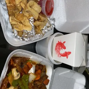 Crab Rangoon, egg drop soup, fried rice and shredded pork in hot garlic sauce