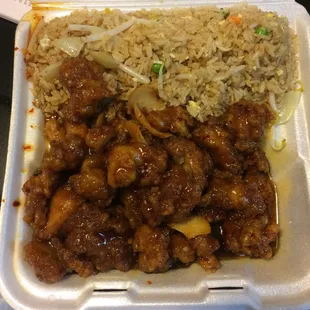 Orange. CHicken.    Kids are in Chinese heaven