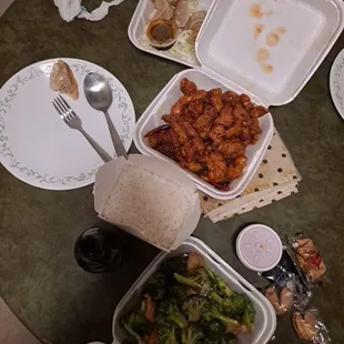Mandarin Chicken, broccoli shrimp, potstickers and egg rolls.
