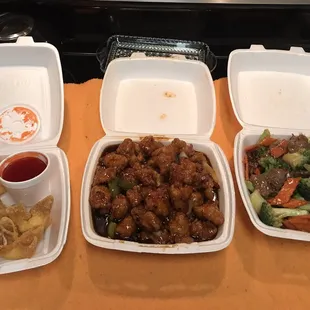 Just had delivered beef and broccoli in general chicken and crab and cheese wontons with sweet-and-sour sauce