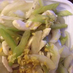 Chicken Chow Mein.  Mostly onions and celery, the white stuff was the chicken.