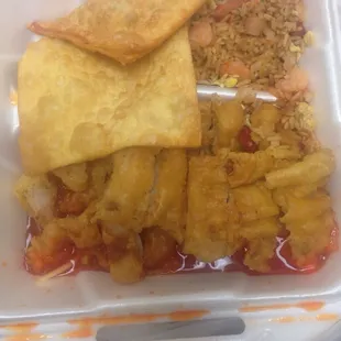 Sweet and sour chicken rice cho cho and fried wonton lunch plate